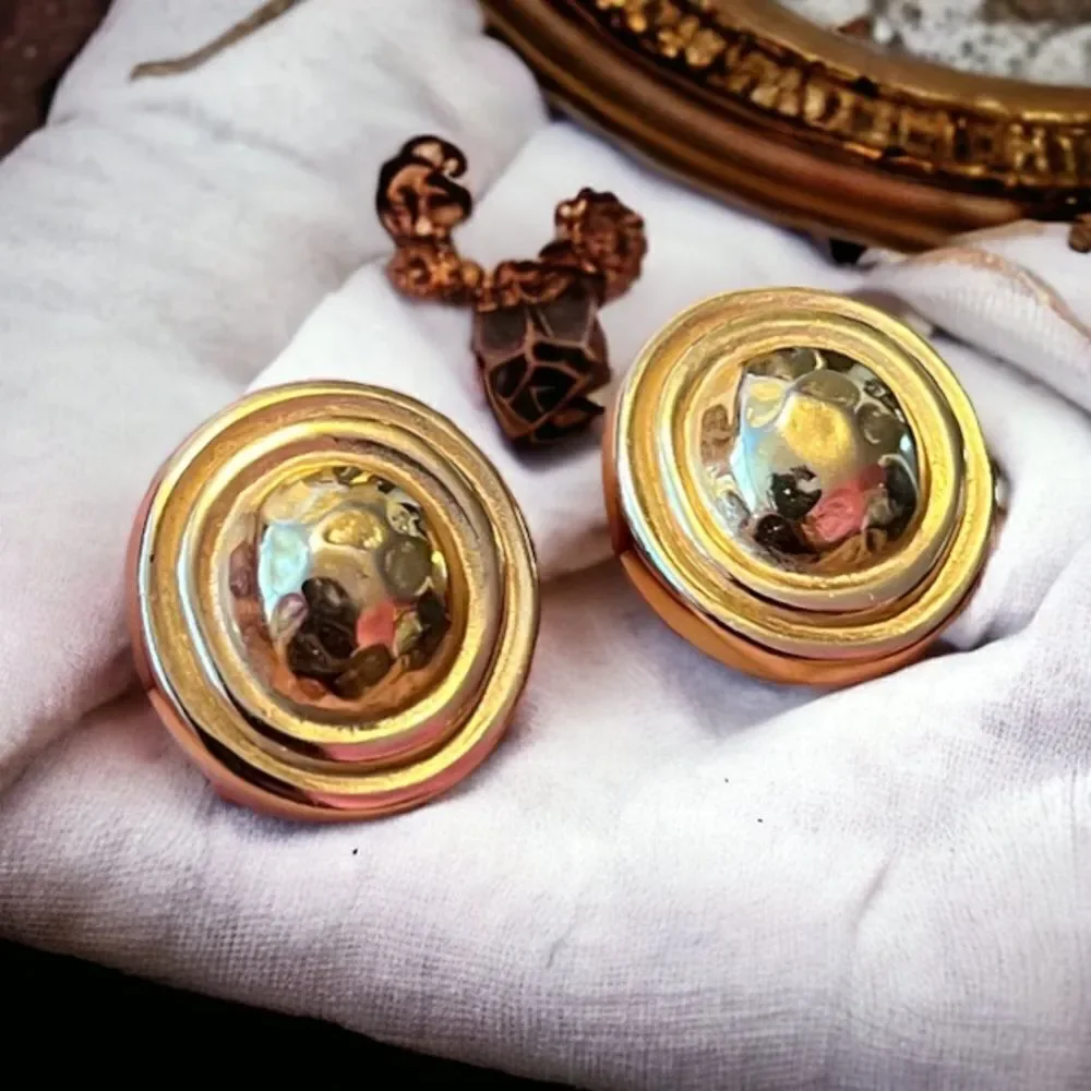 Christian Dior Hammered Gold Tone Round Stud Earrings